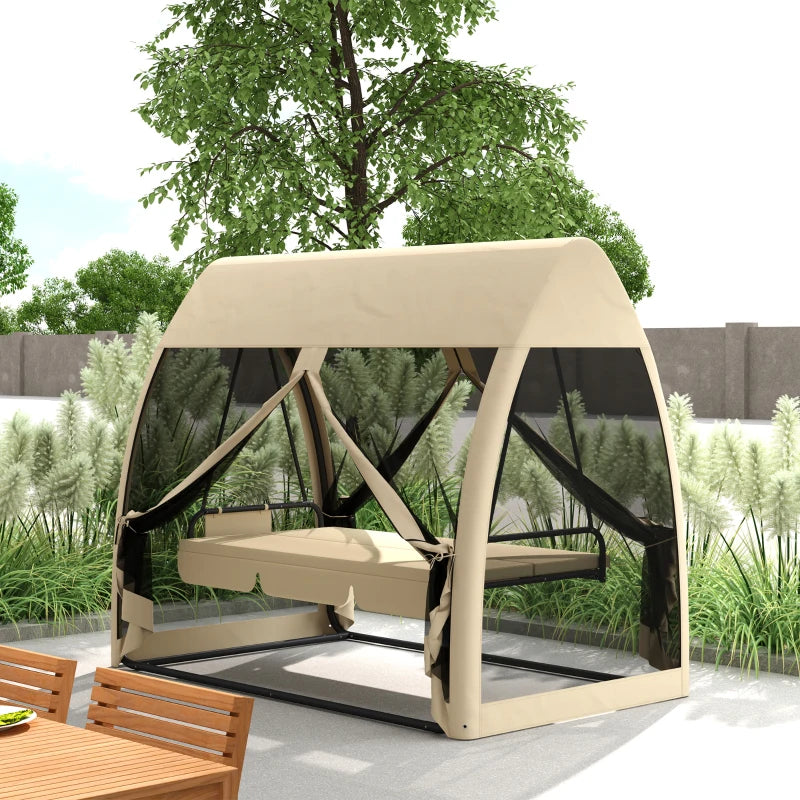 3 Seat Outdoor Swing Chair Convertible Covered Day Bed With Canopy, Mesh Netting, Steel Stand For Garden, Patio, CoffeeFor Multiple Packages, Please Pay Attention To The Detailed Dimensions And Weight
