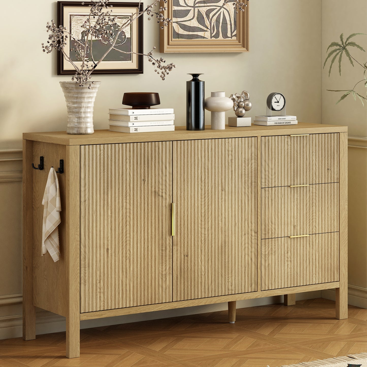 U- Style Modern Wave- Pattern Sideboard With 3 Drawers  Large Storage Buffet Cabinet With Hooks And Extra Center Leg Suitable For Living Room Entryway Hallway.