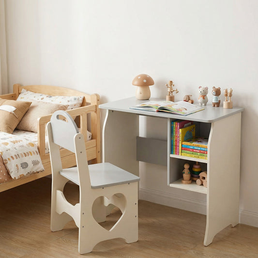 Kids Desk And Chair Set Multifunctional White And Grey Toddler Student Writing Table Set For Home School