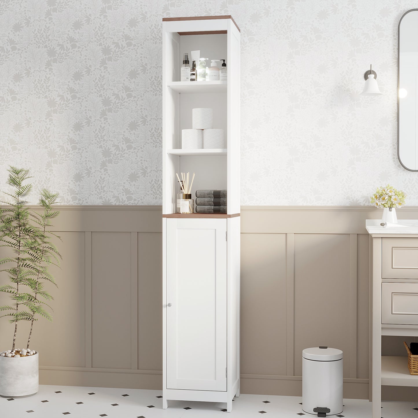 Tall Bathroom Storage Cabinet With Reversible Door, Freestanding Linen Tower With Open Shelves And Enclosed Cabinet, Narrow Floor Cabinet Organizer For Bathroom, Laundry Room Or Small Spaces White