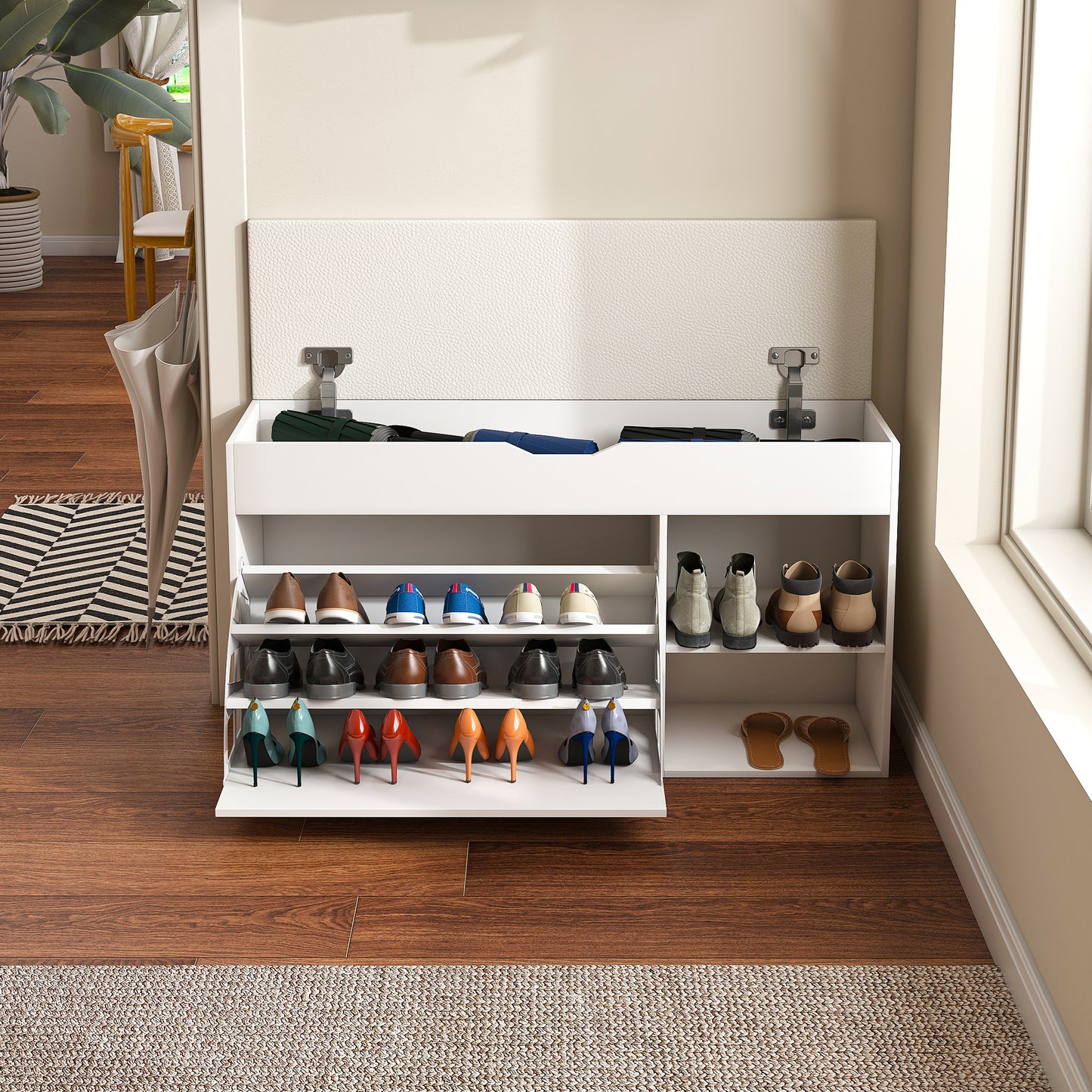 Entryway Bench With Shoe Storage,Adjustable 3-Tier Flip-Up Drawers & Hidden Cabinet,Space-Saving Shoe Organizer,Triple Storage And Modern Design,for  Hallway And Living Room,White