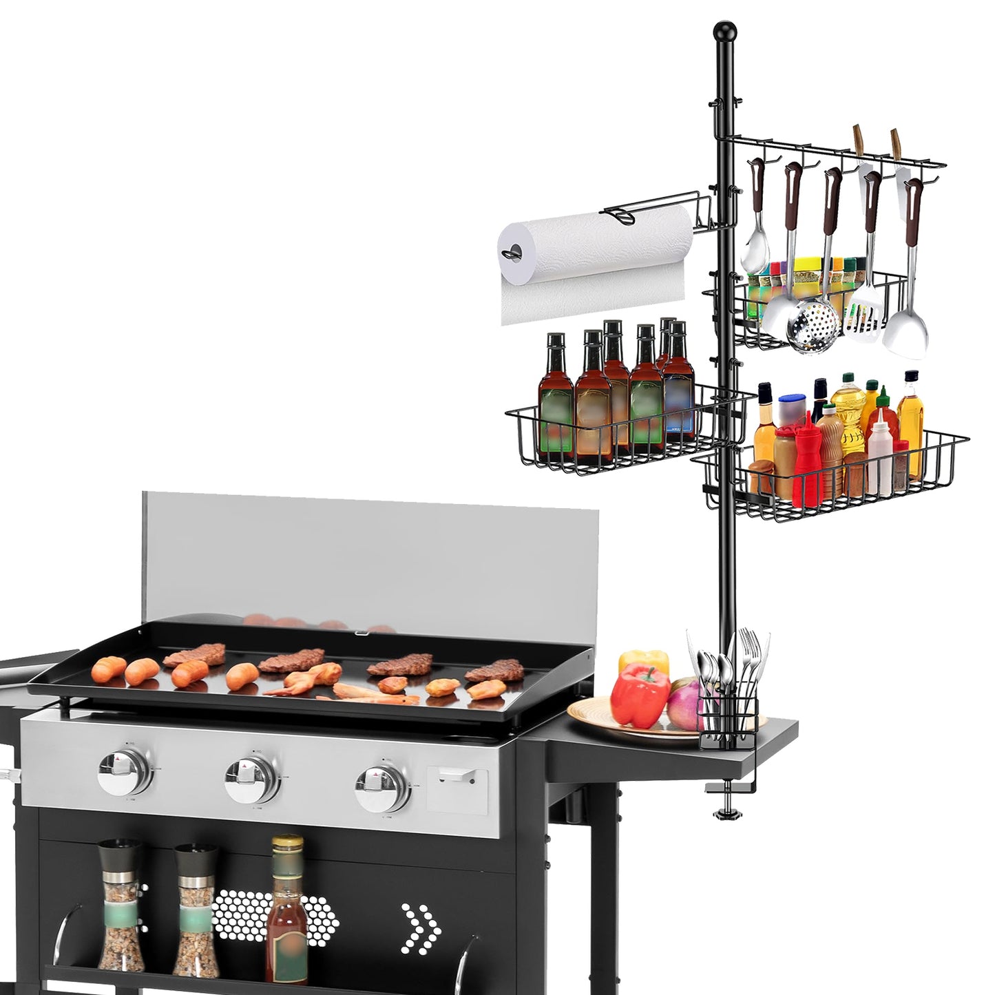 1Pc Griddle Caddy For Picnic With Paper Towel Holder Hook Baskets BBQ Accessories Storage Rack Vertical Standing BBQ Organizer Grill Utensil Storage Fit For Blackstone Griddle