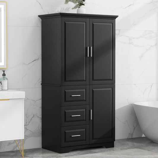 Tall And Wide Storage Cabinet With Doors For Bathroom Office, Three Drawers, Black Old SKU WF299285AAB