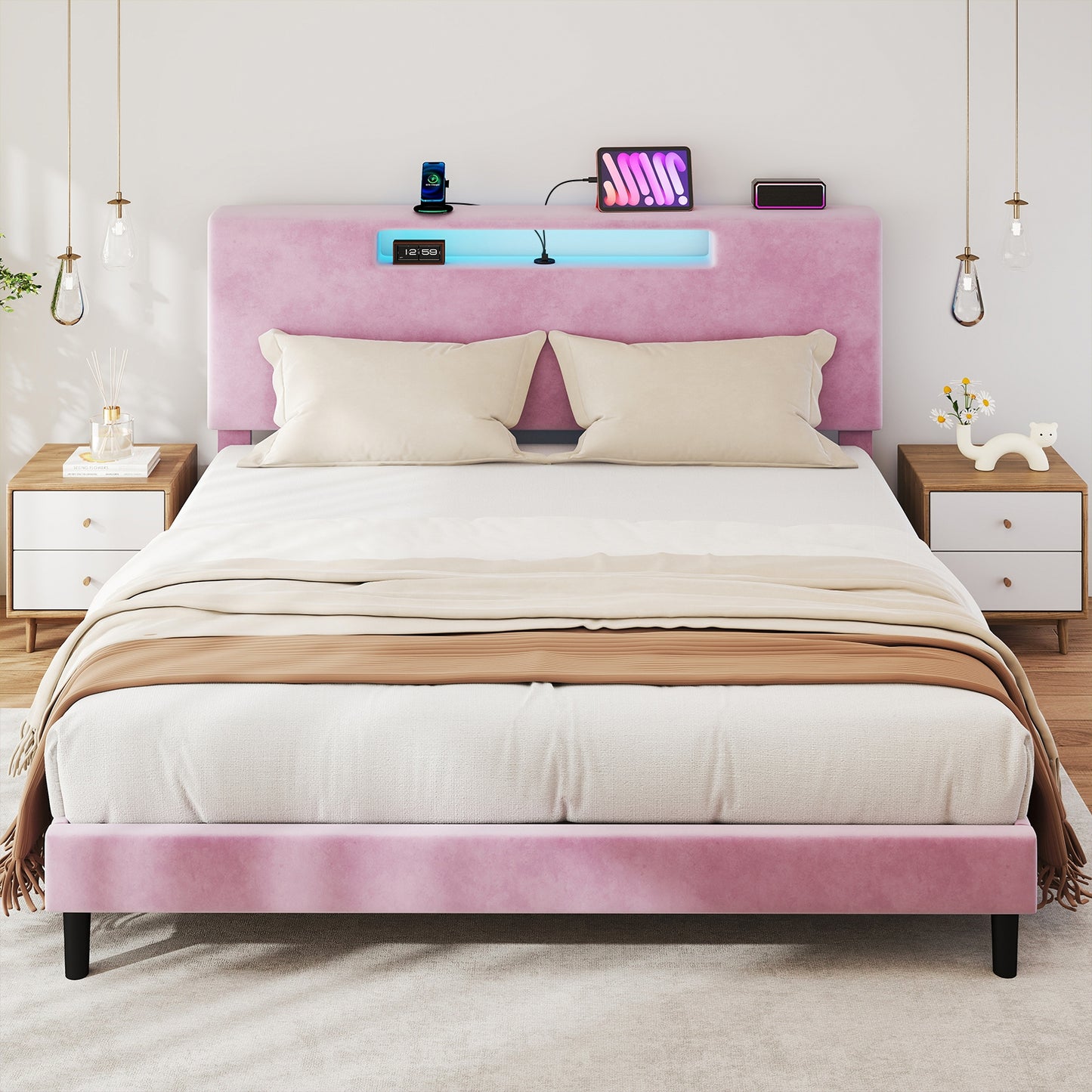 King Size Bed Frame With Charging Station And Adjustable LED Light Wood Slat Support Bed Frame With Upholstered Headboard No Box Spring Needed Easy Assembly