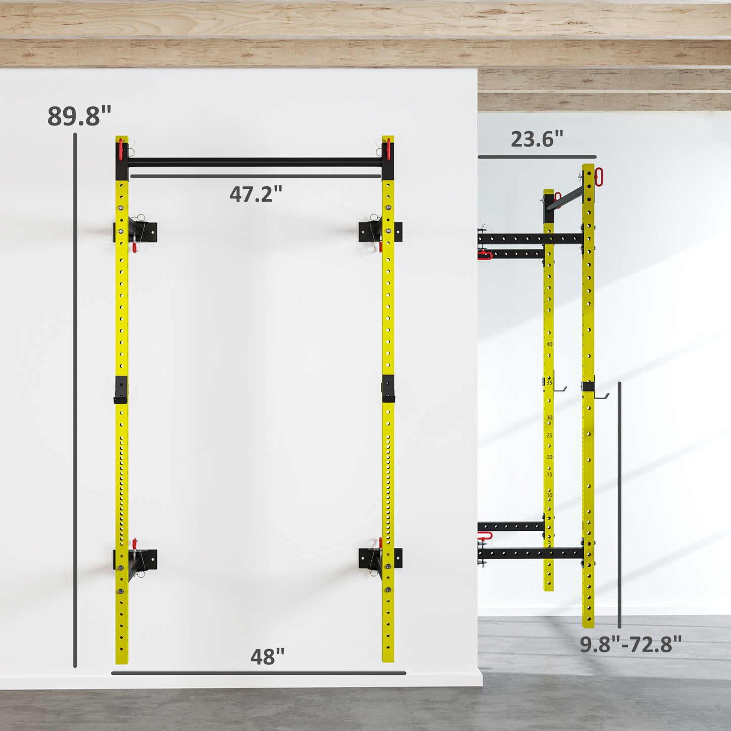 Folding Squat Rack With Pull Up Bar, Wall Mounted And Adjustable, 1000 Pounds Capacity Power Rack, Yellow