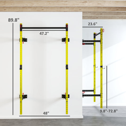 Folding Squat Rack With Pull Up Bar, Wall Mounted And Adjustable, 1000 Pounds Capacity Power Rack, Yellow