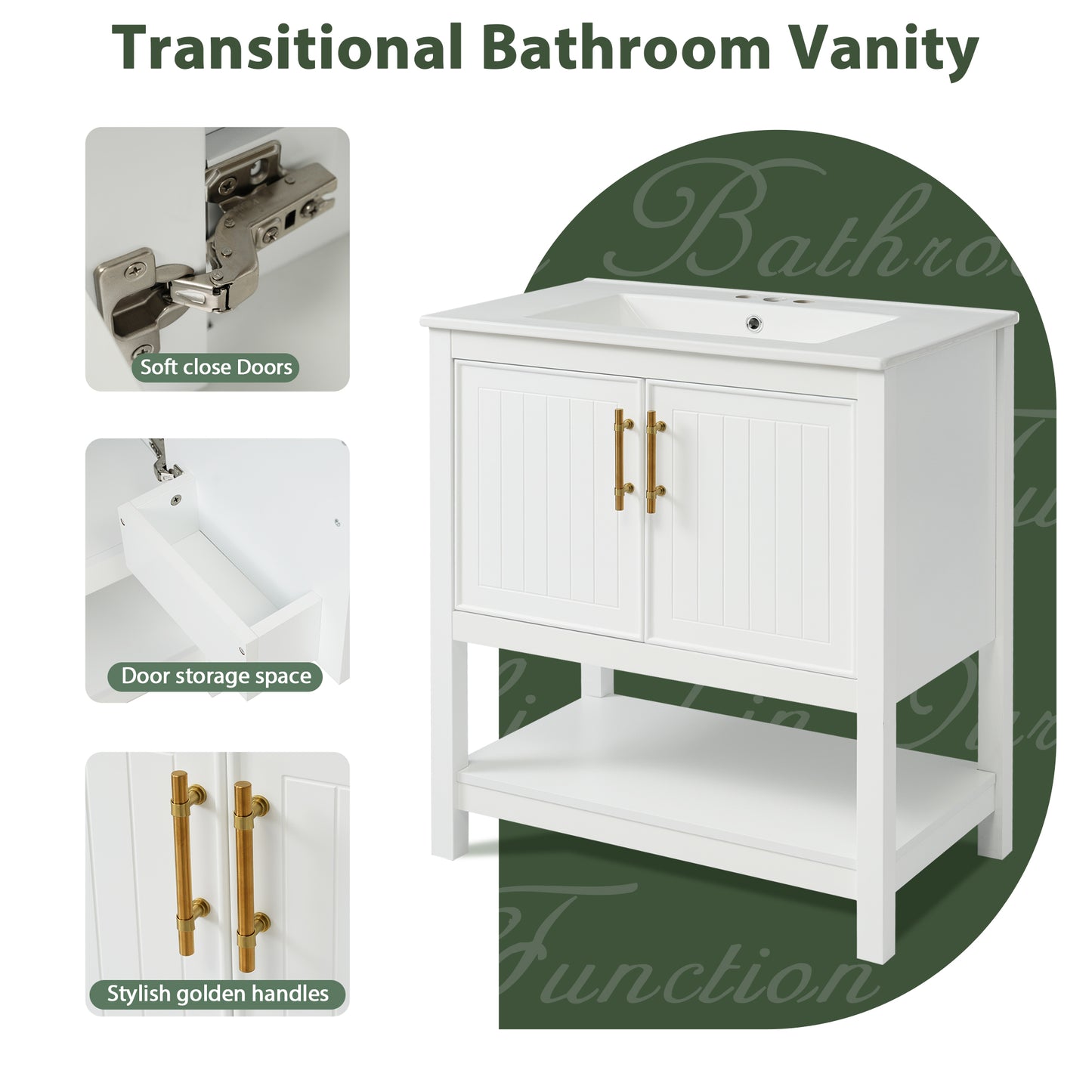 30-Inch White Bathroom Vanity With Ceramic Sink And Versatile Storage - Ideal For Small Bathrooms