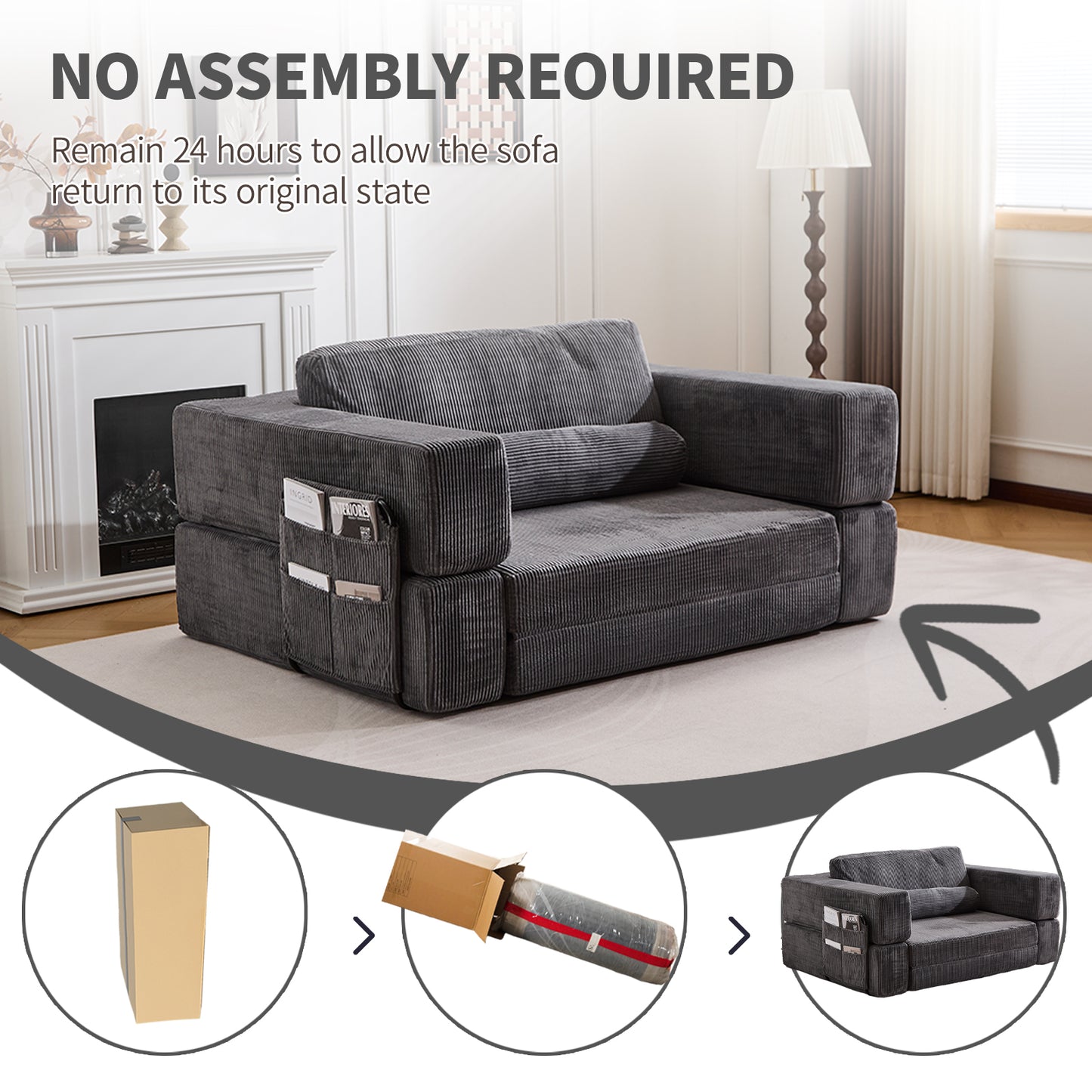 Foldable Castle Sofa Modular PlayCouchfor Living Room & Bedroom Instant Expansion Comfortable &Creative Design Furniture Seater With One Side Seat,Dark-Grey.