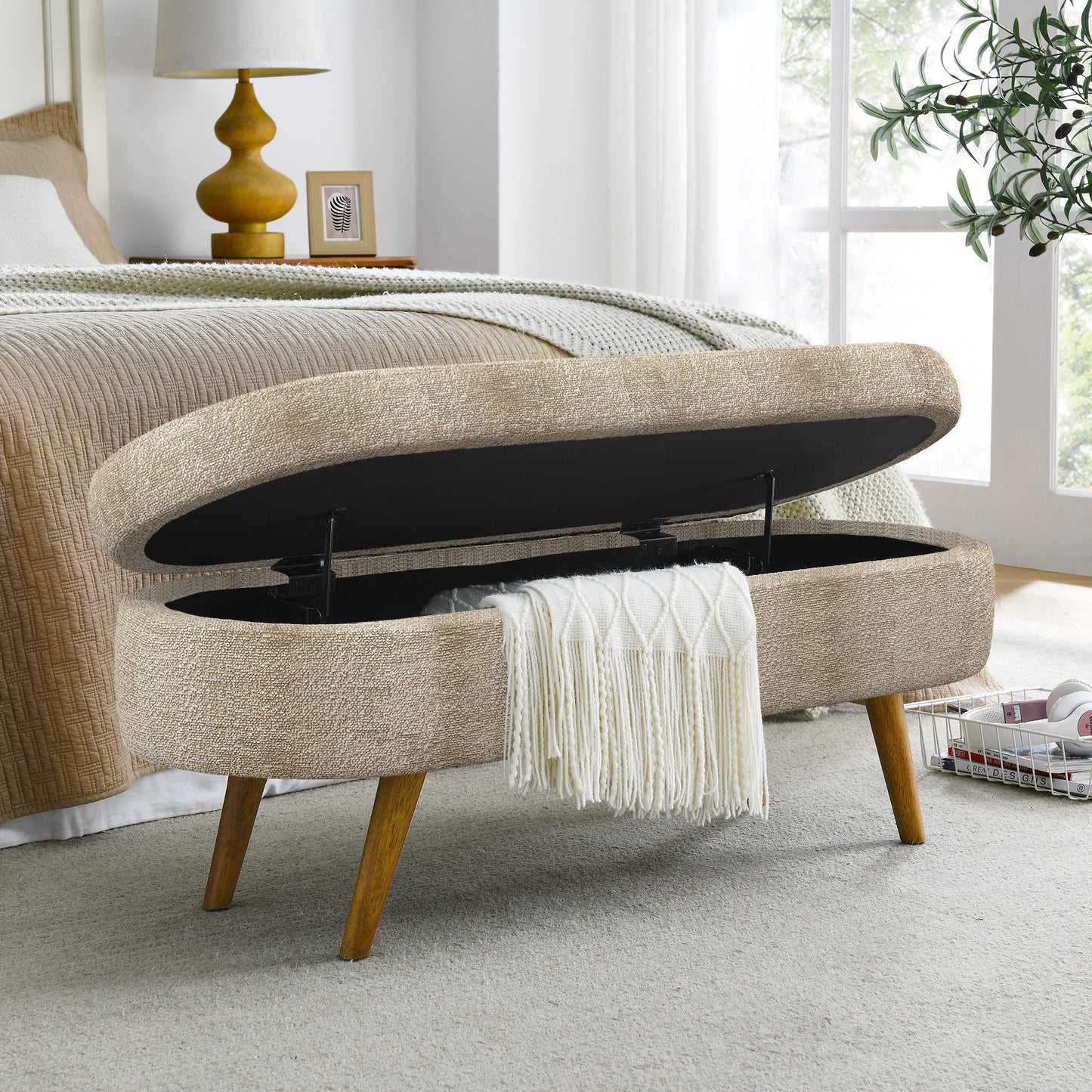 Ottoman Oval Storage Bench,Rubber Wood Legs, Gray 43.5 X16 X16 Brown
