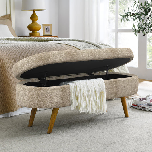 Ottoman Oval Storage Bench,Rubber Wood Legs, Gray 43.5 X16 X16 Brown