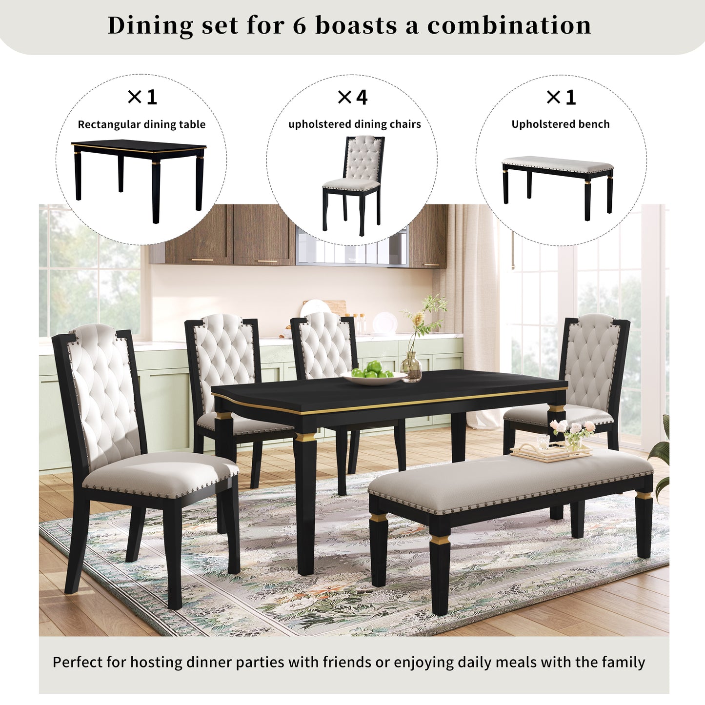 6-Piece Kitchen Dining Table Set, 60  Rectangular Table And 4 High-Back Tufted Chairs & 1 Bench For Dining Room And Kitchen  Black   OLD