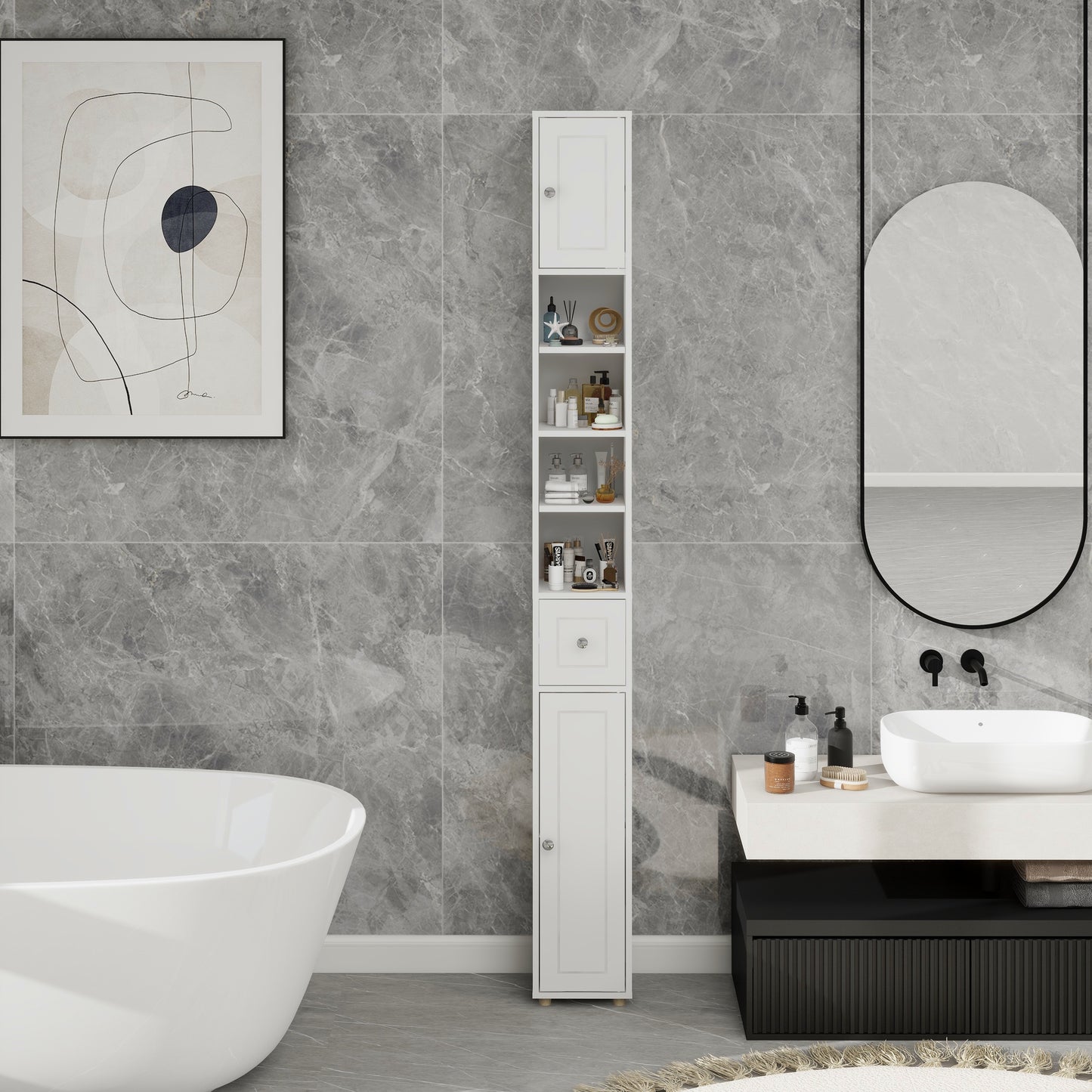 Tall Slim Bathroom Storage Cabinet, 71 Freestanding Bathroom Cabinet With 1 Drawer, 2 Doors And 4 Adjustable Shelves-White