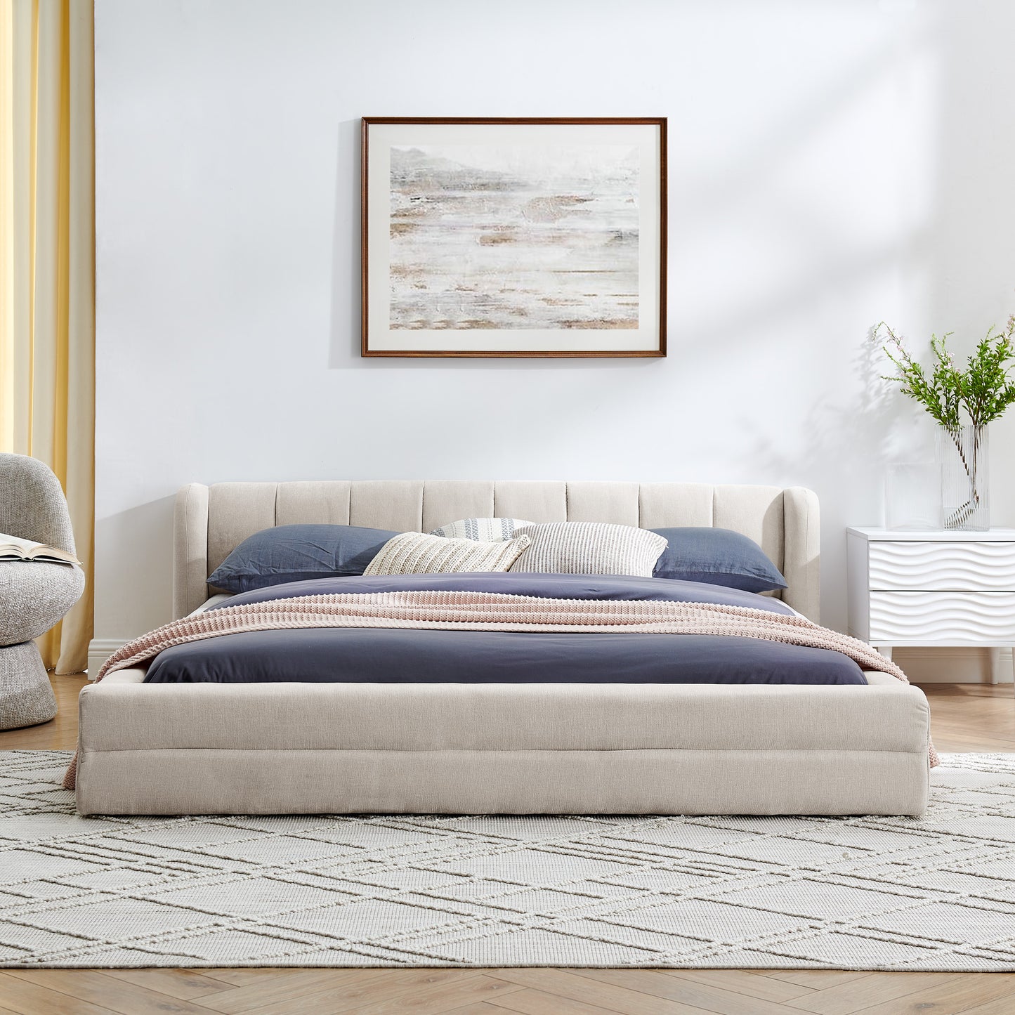 Queen Size Upholstered Bed Frame With Thick Fabric, Chenille Fabric Grounded Queen Size Platform Bed With Headboard And Solid Frame-Beige 87x67x23.5
