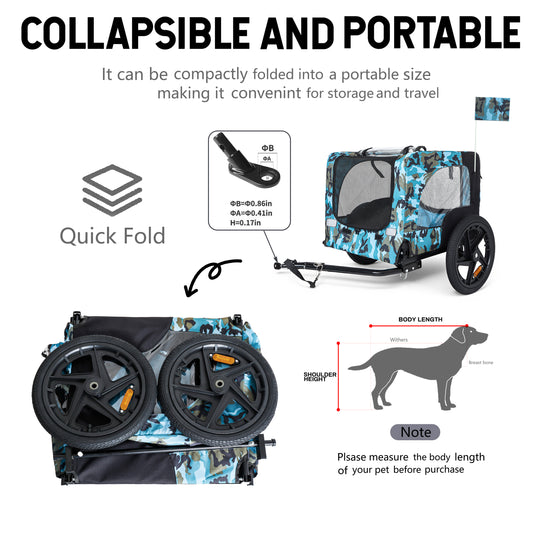 Outdoor Heavy Duty Collapsible Pet Bike Trailer With 16-Inch All-Terrain Wheels & Universal Hitch - Foldable Dog Cargo Carrier Cart For Bicycles, Blue Black