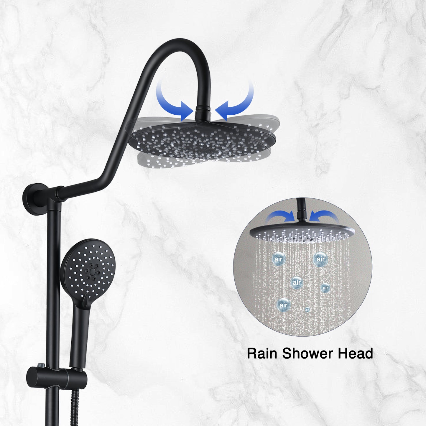 10  Rainfall Shower Head And Handheld Showerhead Combo Shower System With Slide Bar, Matte Black