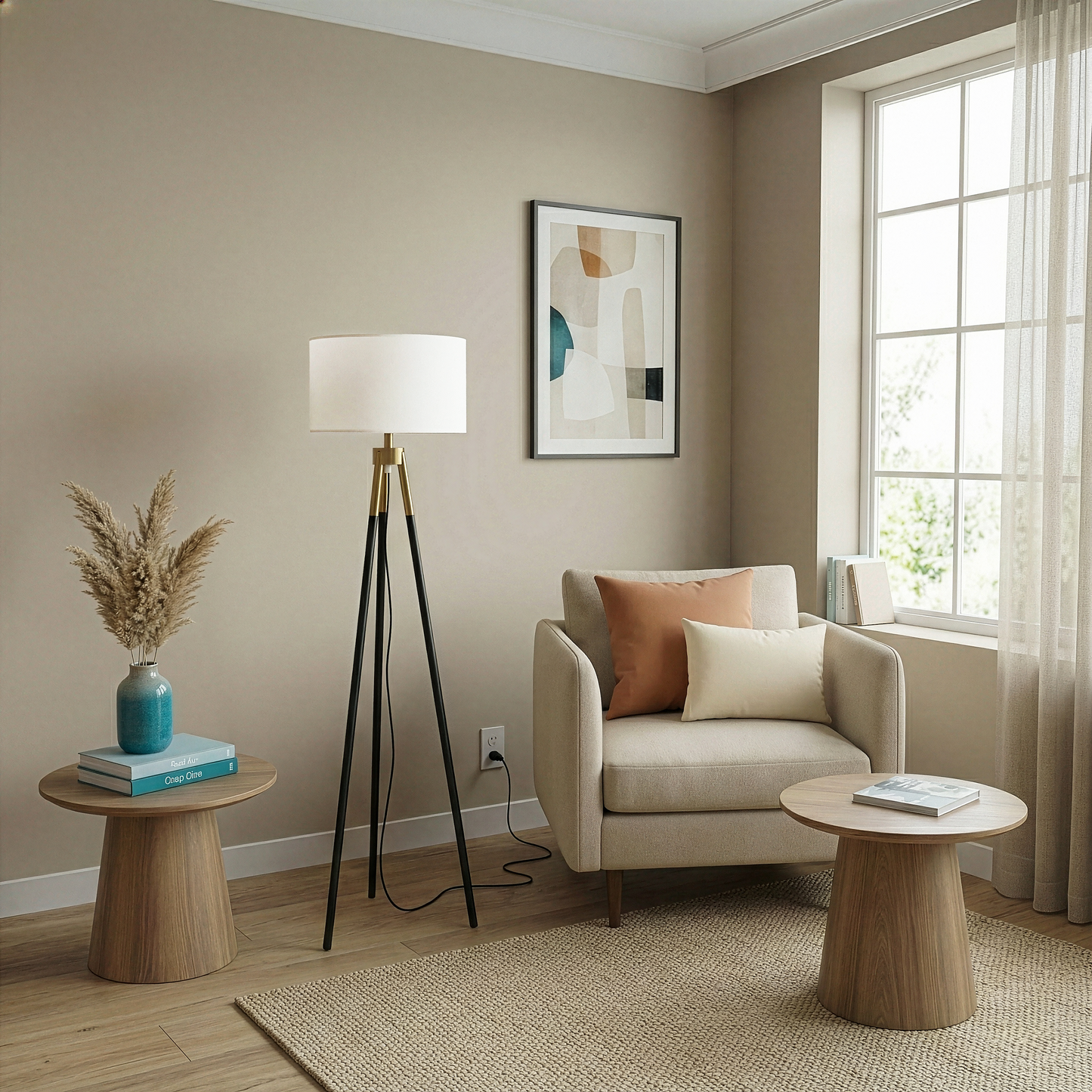 Sway Brassed Gold Floor Lamp With On Off  Triple Legs White Fabric Shade