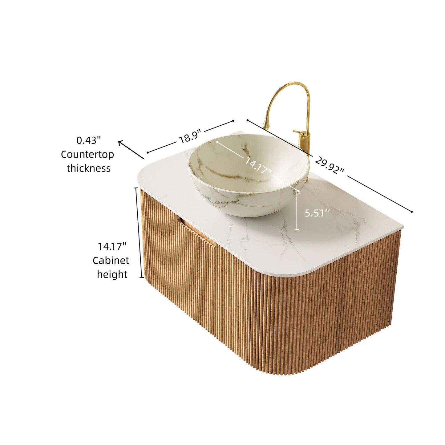 DINA 30 Bathroom Vanity&Sink, Floating Curved Edges Striped Storage Cabinet With Drawer, Matte Stone White Bowl Ceramic Basin&Carrara White Sintered Stone Top, Pre-assembled, Natural Woodgrain Color