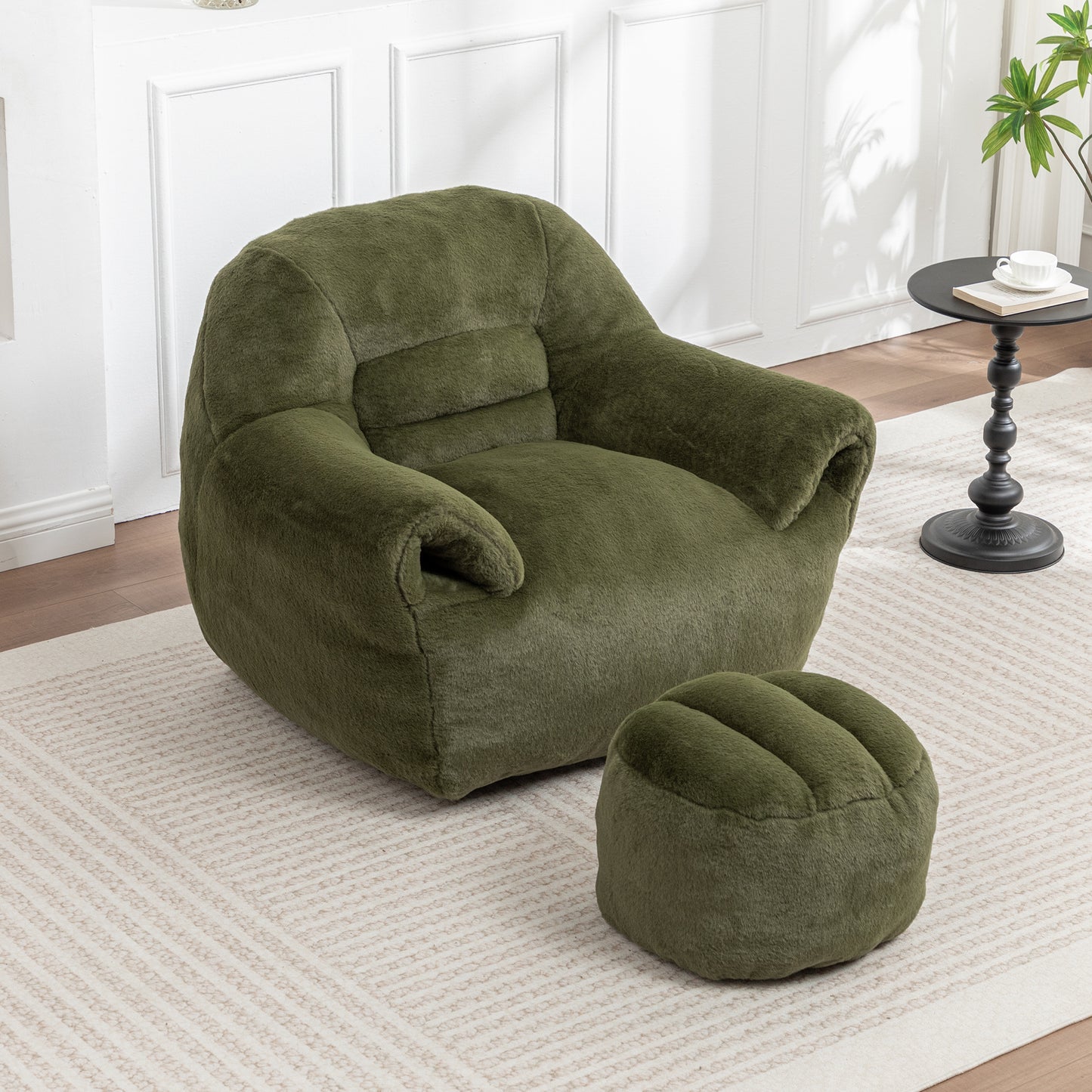 Bean Bag Chair, Comfy Bean Bag Sofa With Back Support, With Footstool,Faux Fur Bean Bag Chair For Adults And Kids, Stuffed Floor Sofa For Living Room, Bedroom, Apartment, Green