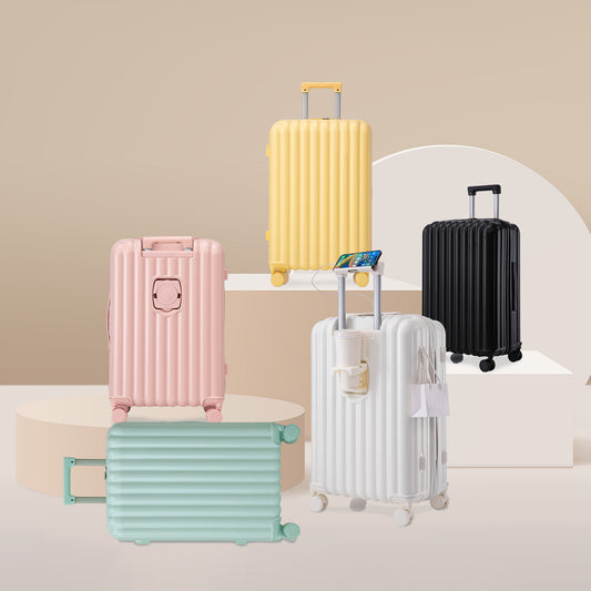 20  24  28  3 Pcs Set In ABS Spinner Wheel Luggage, Carry On Suitcase, With Cup Holder & USB Port & Phone Holder  Black