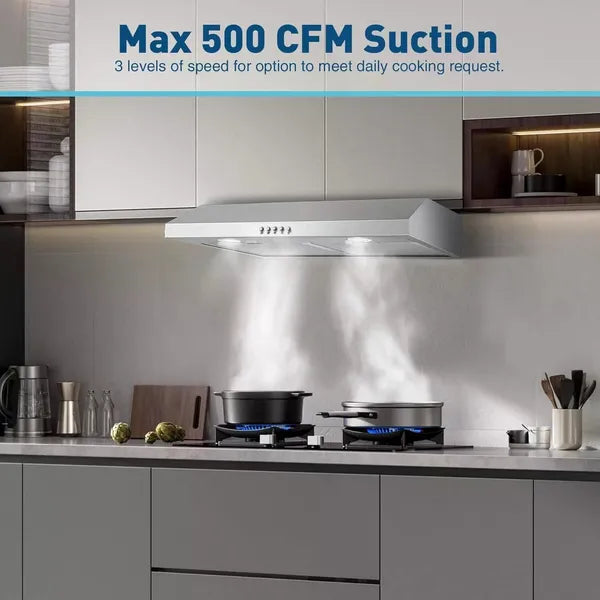 30 Inch Kitchen Under Cabinet Range Hood 500 CFM Stainless Steel 3-Speed