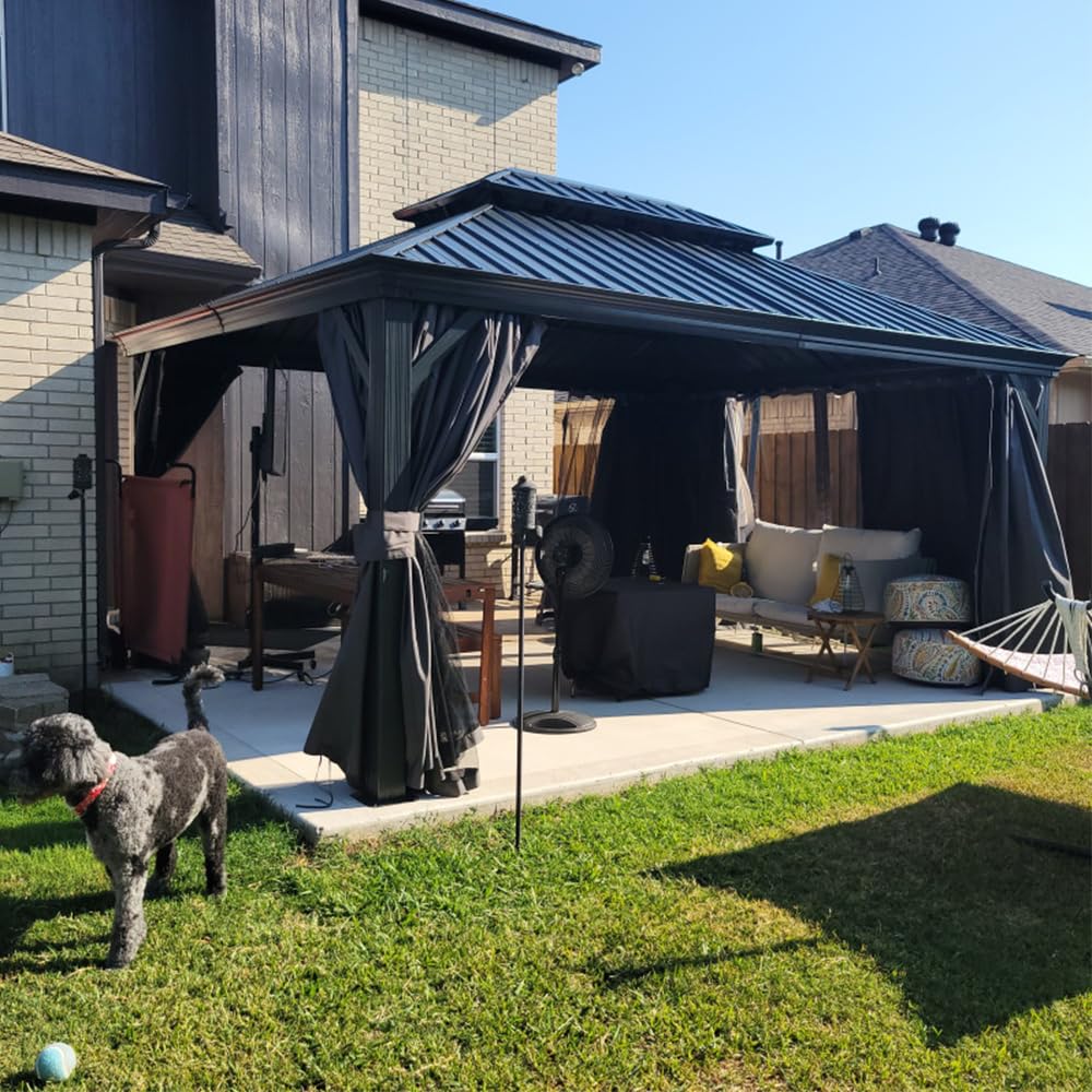 12  X 16  Hardtop Gazebo Outdoor Metal Gazebo With Galvanized Steel Double Roof Canopy, Aluminum Frame, Curtains And Netting For Patio, Deck, Garden, Grey