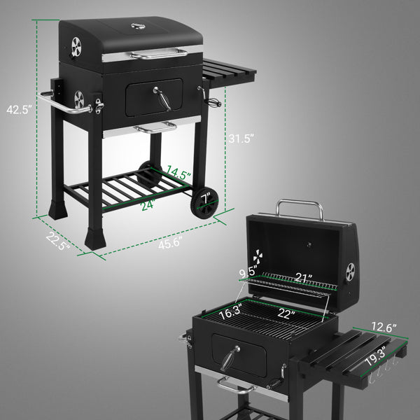 Charcoal Grill With Foldable Side Table And Wheels, Heavy-duty BBQ Grill For Outdoor Picnics Patio Garden And Backyard Grilling