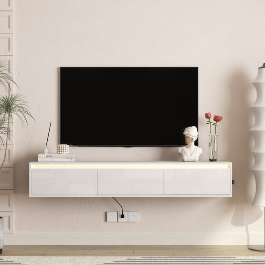 High-gloss Suspended TV Cabinet. Wall Mounted TV Shelf With Led Lights & Power Outlet,H Cabinet For  White Tv Stands For Living Room