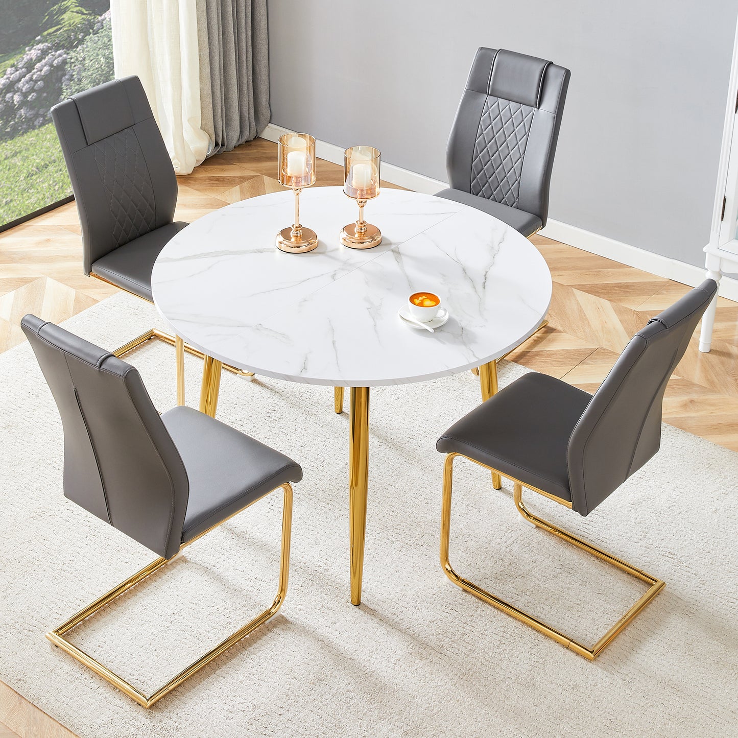 Table And Chair Set.Extendable MDF Dining Table.The Pull-out Table Is Ideal For A Wide Range Of Families,suitable For Gatherings Of Different Size.Paired With 4 Dark Gray Chairs With Gold Metal Legs.