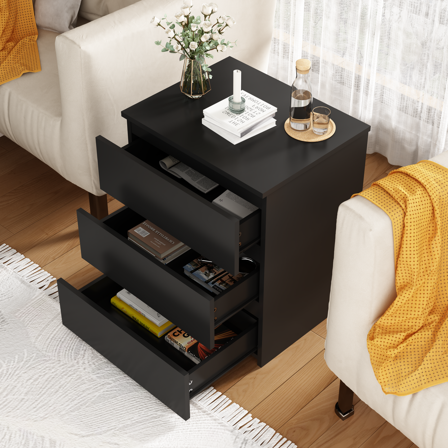 Set Of 2 3 Drawer Dresser, Small Dresser For Closet, Wooden Nightstand For Bedroom, Chest Of Drawers Side Table Storage Cabinet For Home Office Entryway Hallway, Each Box Contains Two Side Tables