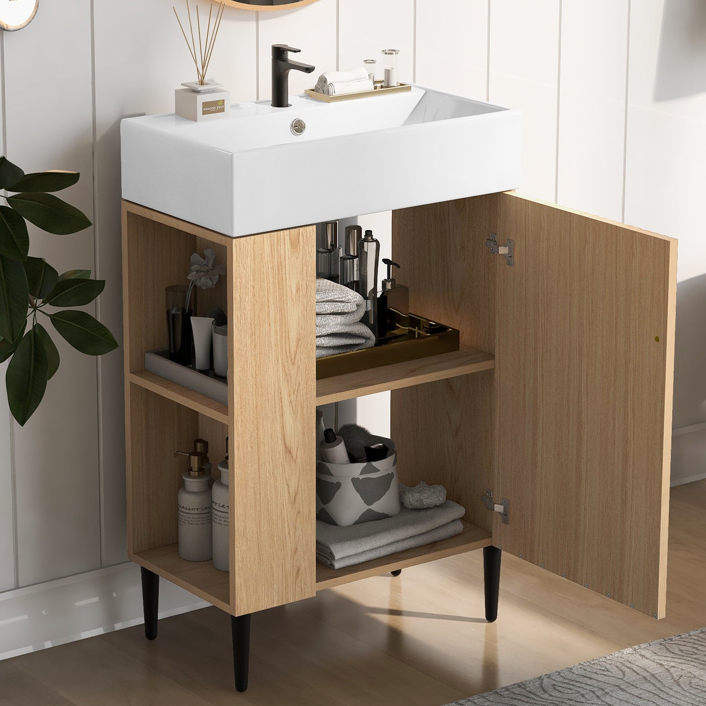 21.6  Wood Bathroom Vanity, Combo Cabinet, Bathroom Storage Cabinet, Single Ceramic Sink, Left Side Storage