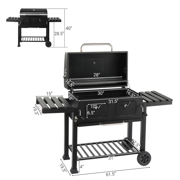 Charcoal Grill Outdoor BBQ Grill, Extra Large Cooking Area With Two Individual & Adjustable Charcoal Doors, Foldable Side Tables For Outdoor Cooking, Backyard, Camping, Picnics