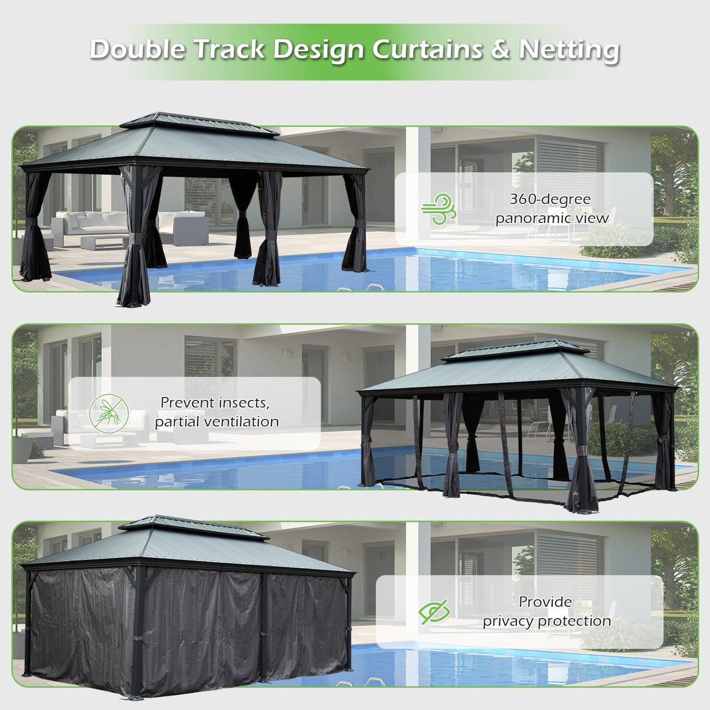 14  X22   Hardtop Gazebo With Resin Roof, Outdoor Metal Gazebo With Drainage Gutters, Permanent Heavy Duty Pavilion For Patio, Backyard And Deck, Curtains And Mosquito Netting Included