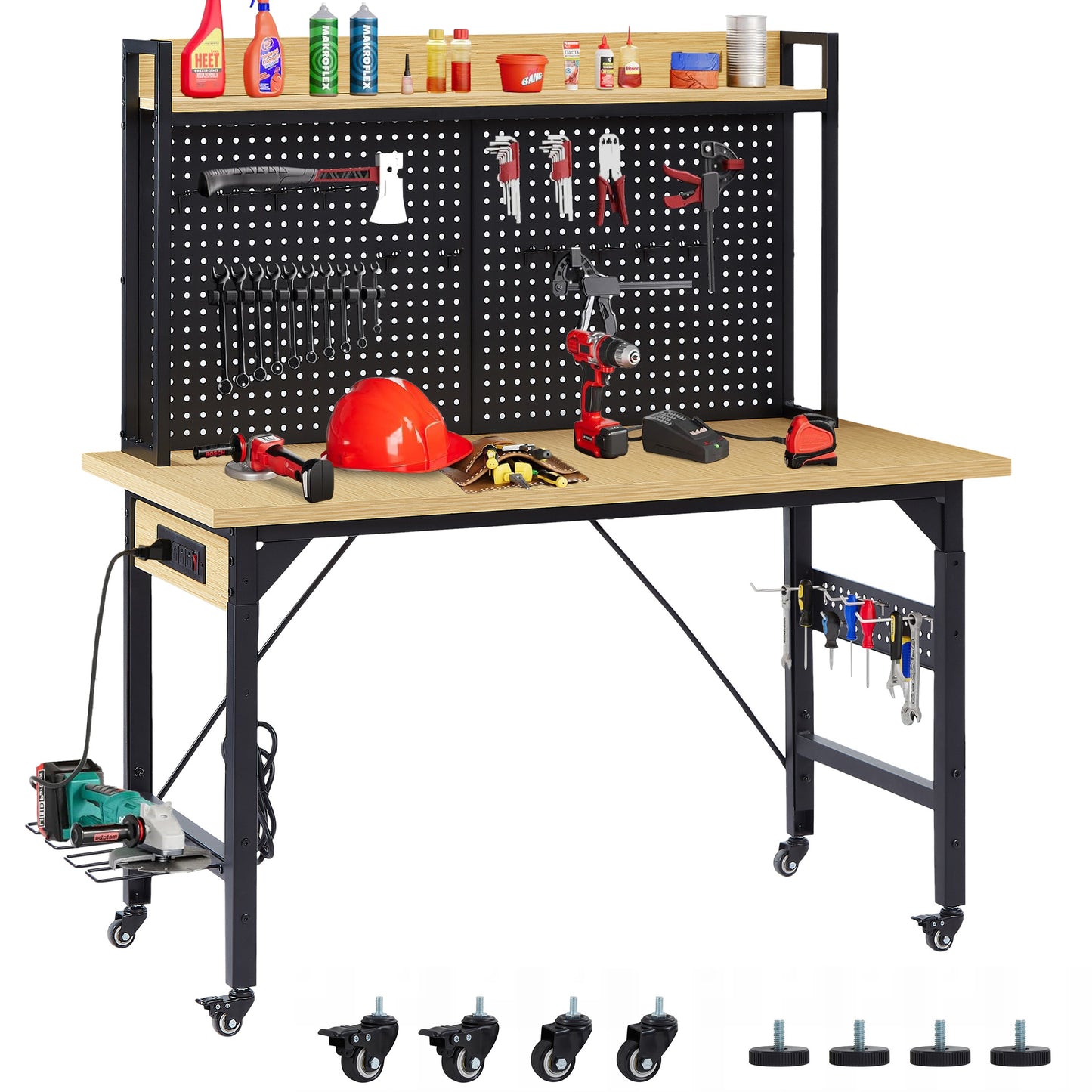 48  Adjustable Workbench With Pegboard, Heavy Duty Wooden Desktop Workbench With Wheels, 1600 Lb. Load Capacity, Rolling Workbench With AC USB Outlet, Hooks, Shelf, For Garage, Workshop, Office, Home.