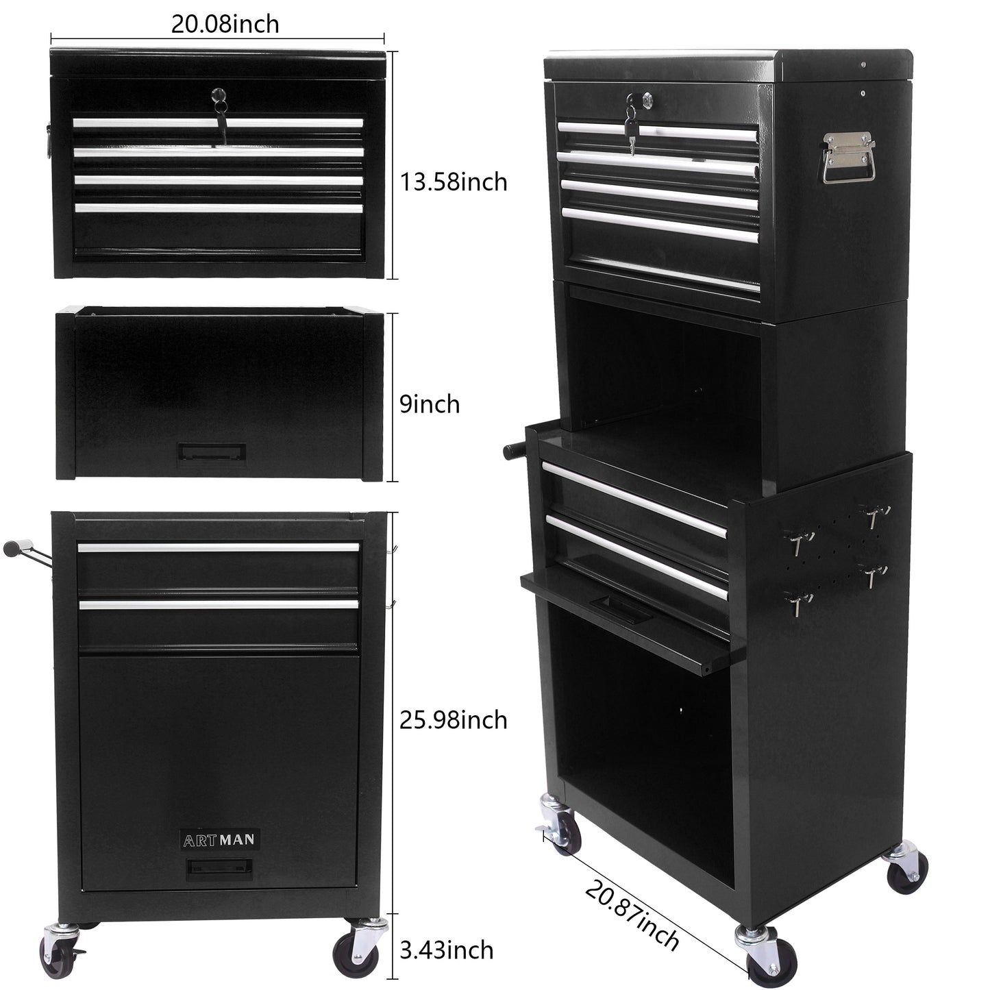 Tool Cabinet On Wheels, 6-Drawer Lockable Rolling Tool Chest W 4 Universal Wheels, 2 In 1 Detachable Tool Box Storage Organizer For Garage Workshop Repair Shop, Black