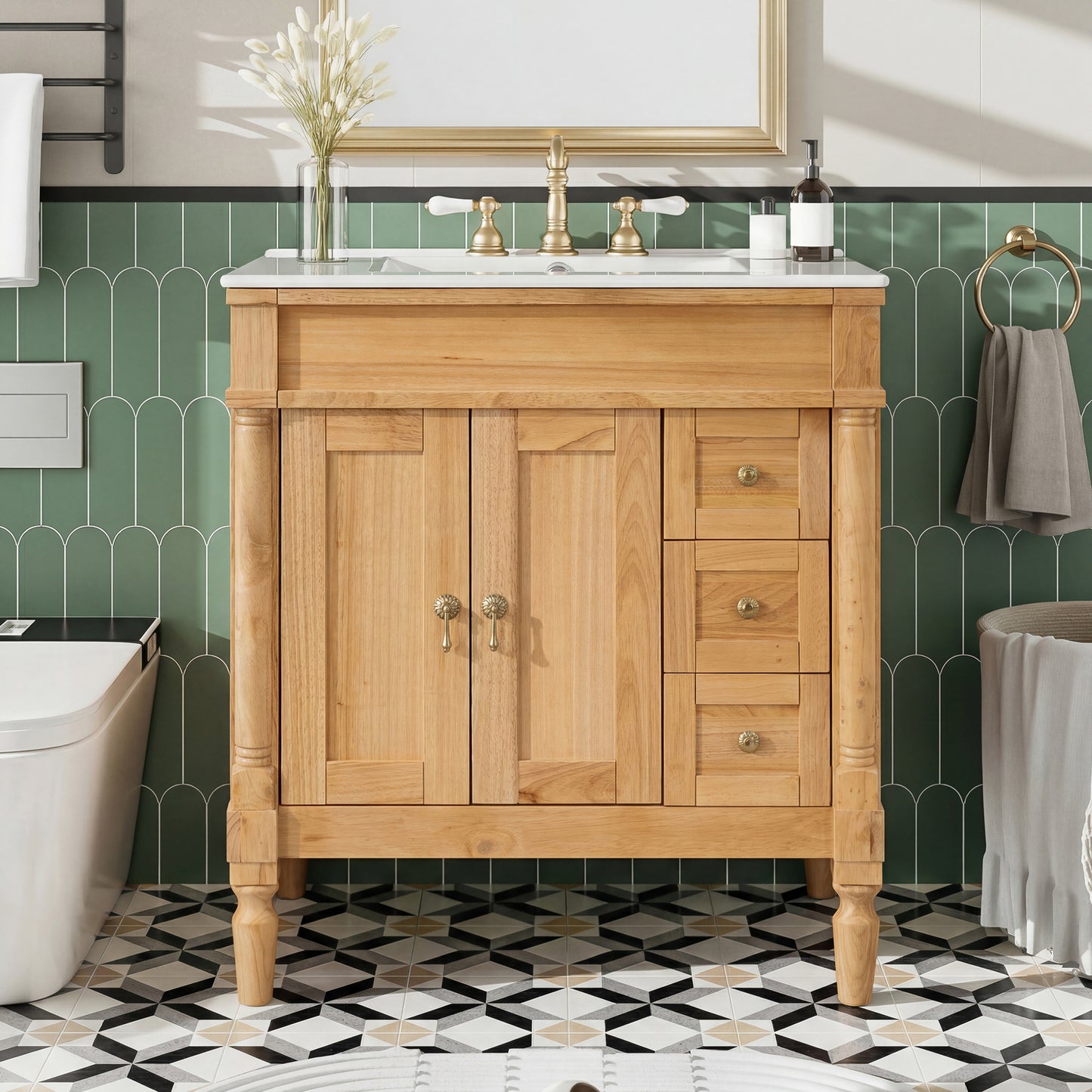 30-Inch Modern Bathroom Vanity, Solid Wood Frame   MDF, 2 Doors 3 Drawers, Soft-Close Design, U-Shaped Adjustable Shelf, Ceramic Sink, Bathroom Storage Cabinet Set, Modern Elegant Design