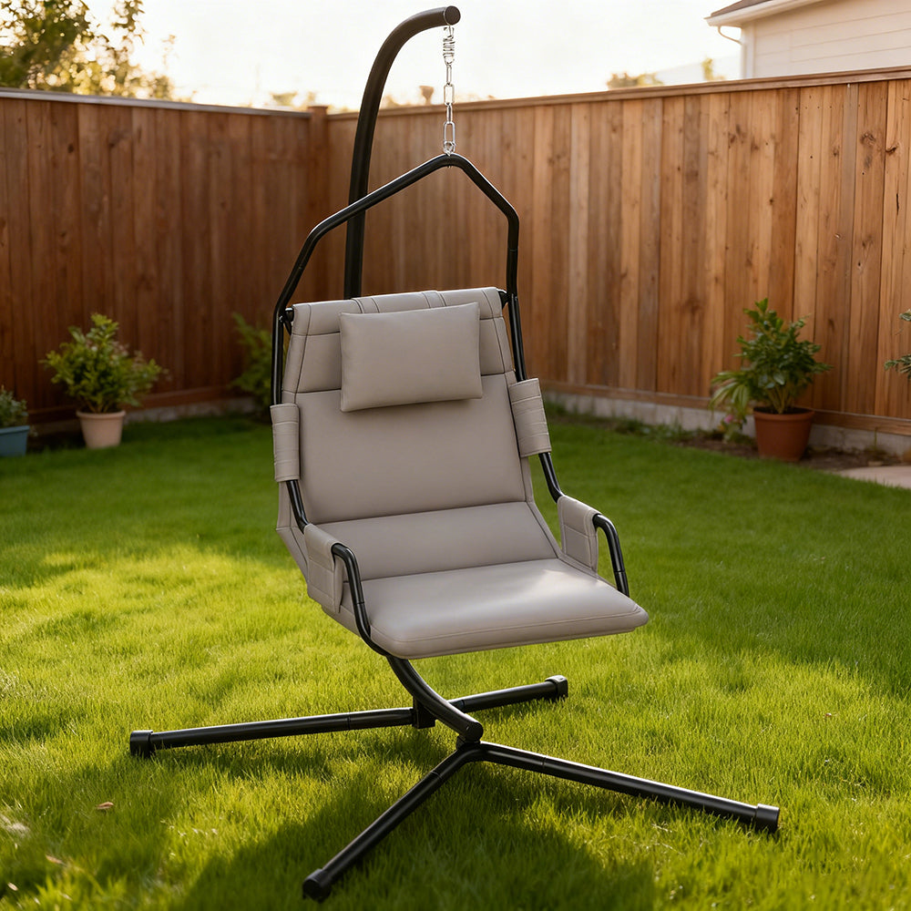 Hammock Chair With Stand And PA Coating Cushion, Hanging Swing Chair With Steel Frame For Indoor And Outdoor, With Padded Armrests And A Supportive Headrest