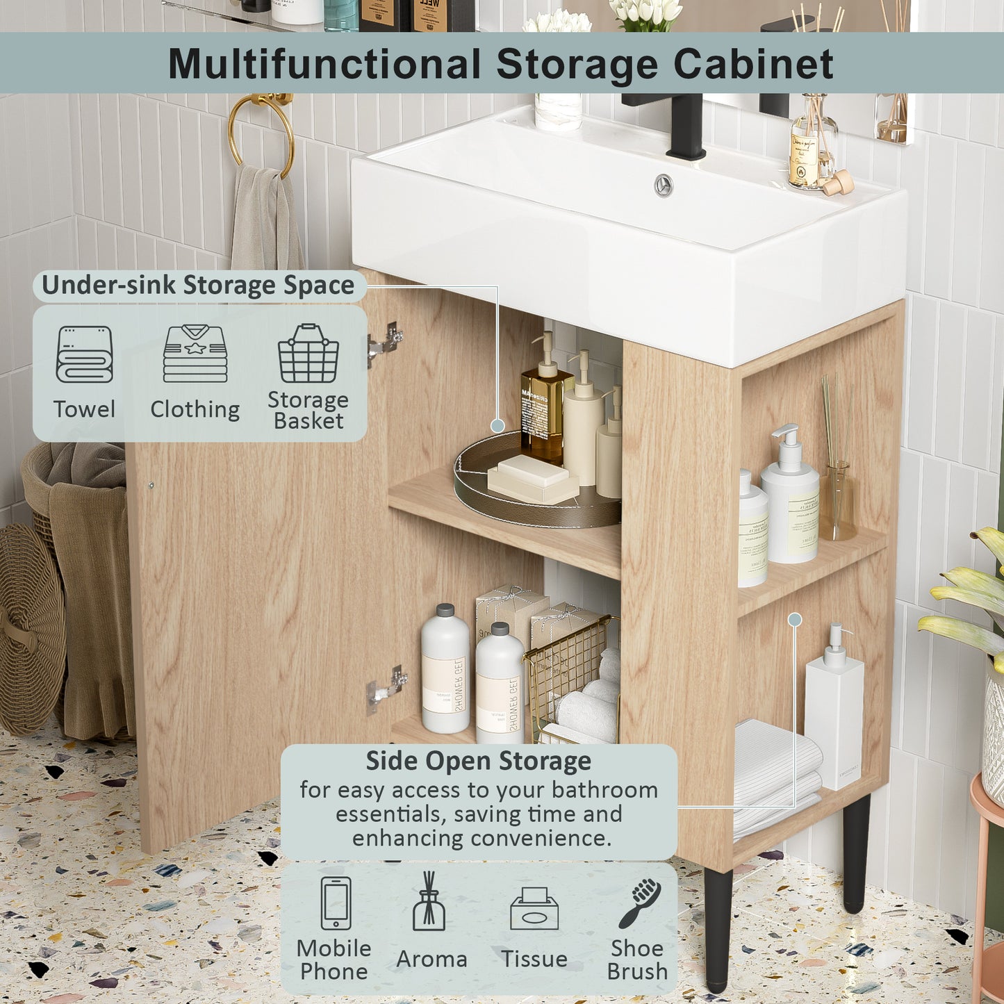 21.6  Wood Bathroom Vanity, Combo Cabinet, Bathroom Storage Cabinet, Single Ceramic Sink, Right Side Storage