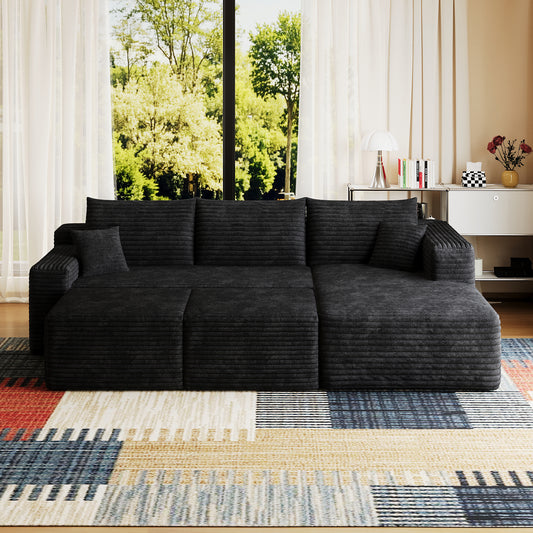95  Cloud Sectional Sofa With 2 Ottoman,Modern Minimalist Upholstered Couches, Comfort U Shaped Sofa For Living Room,Deep Seat Corner Couch,No Assembly Required,Black  Plush Corduroy Fabric
