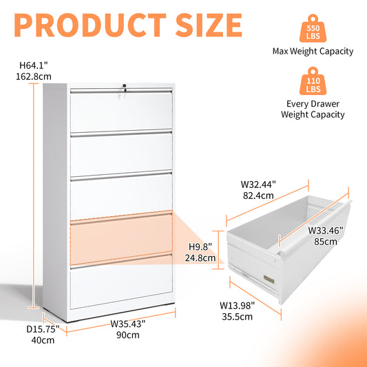 5 Drawer Metal Lateral File Cabinet , White Filing Cabinet With Lock, Lockable File Cabinet For Home Office, Locking Metal File Cabinet For Legal Letter A4 F4 Size
