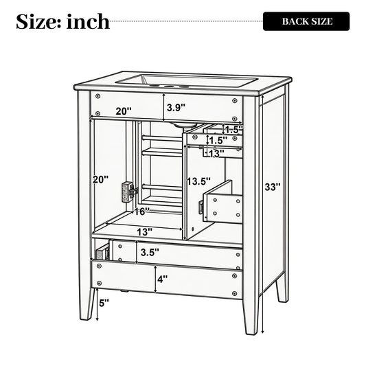 24  Modern Blue Gray Bathroom Vanity With Ceramic Sink, Solid Wood Legs, Soft-Close Drawers & Door, Storage Rack, Painted Surface Finish