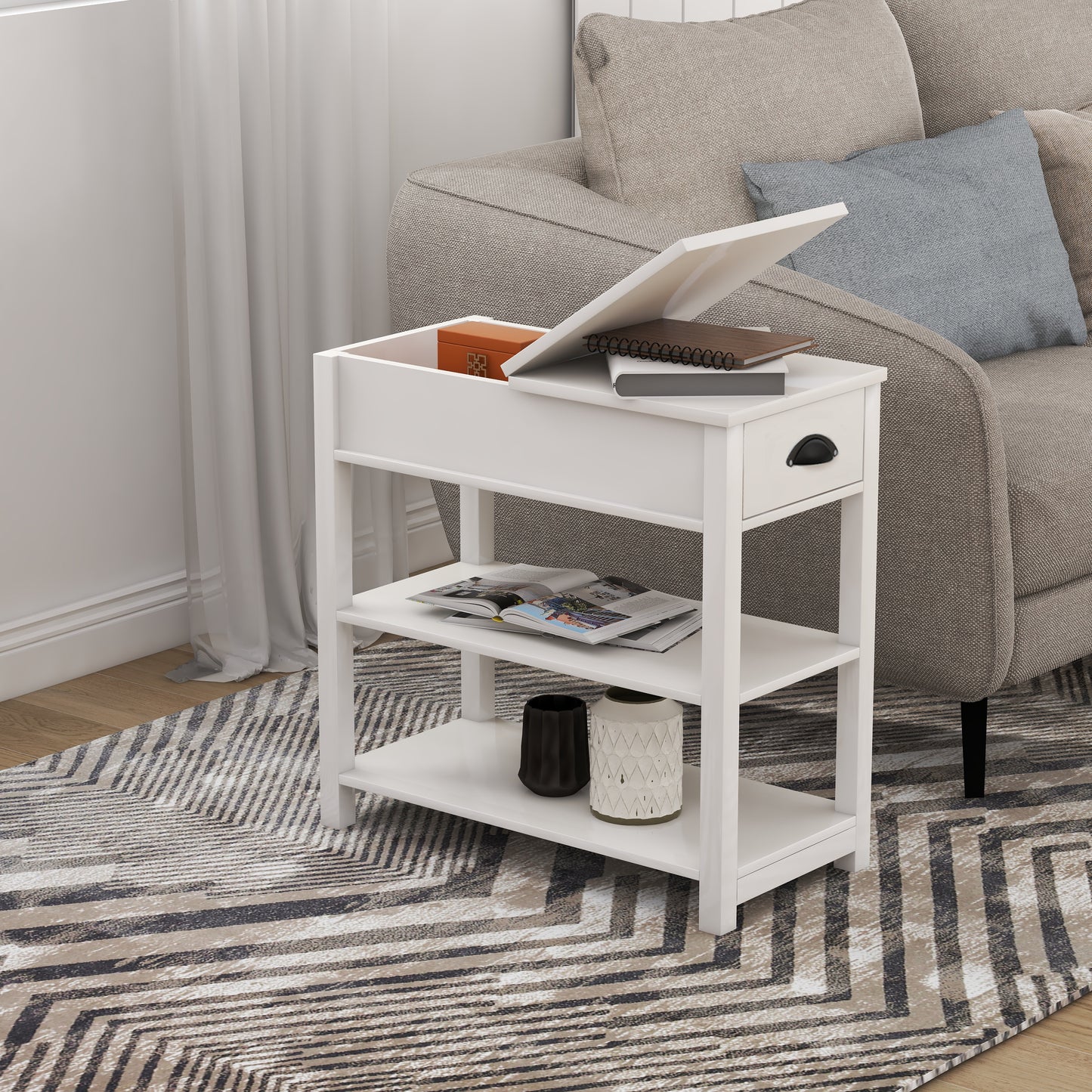 Narrow Sided Table With Drawers And Bottom Partition In Flip Over Design -White