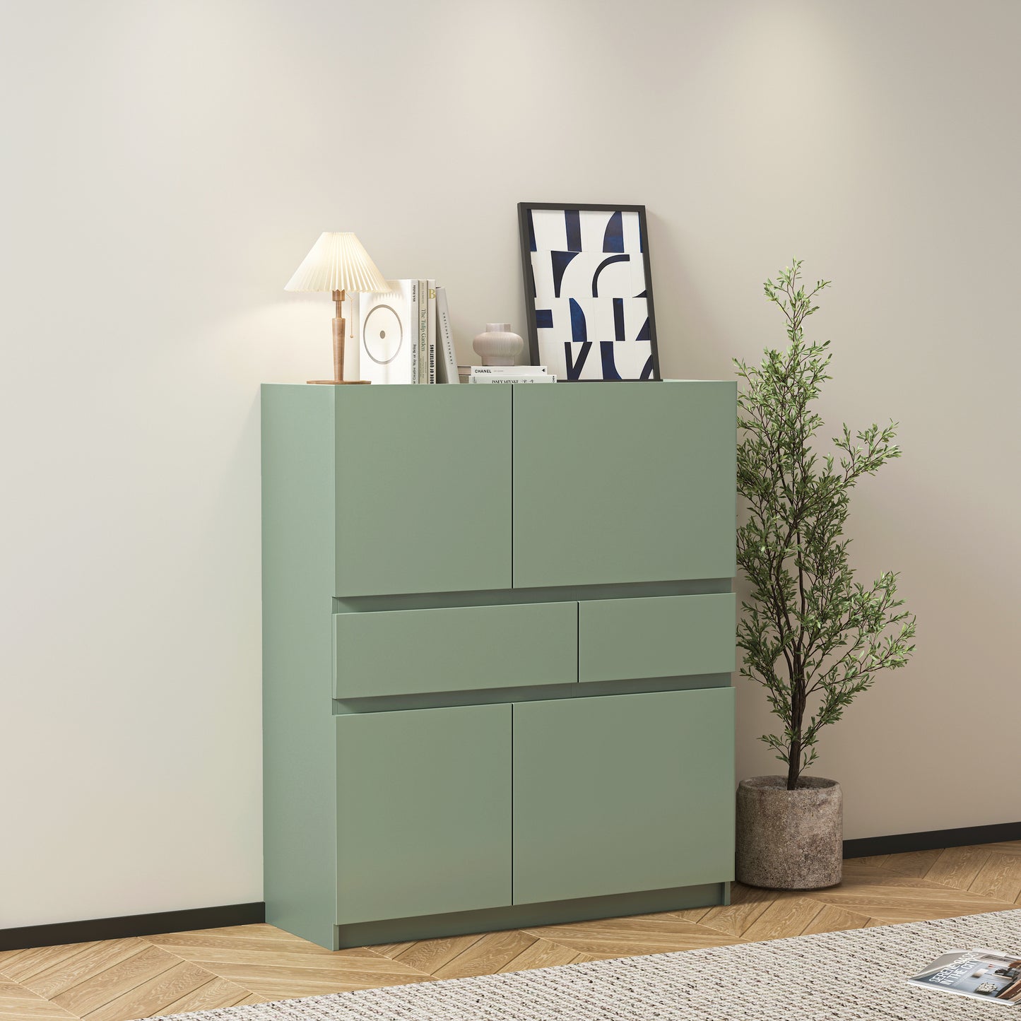 Green Wooden Storage Cabinet With 4 Doors And 2 Drawers