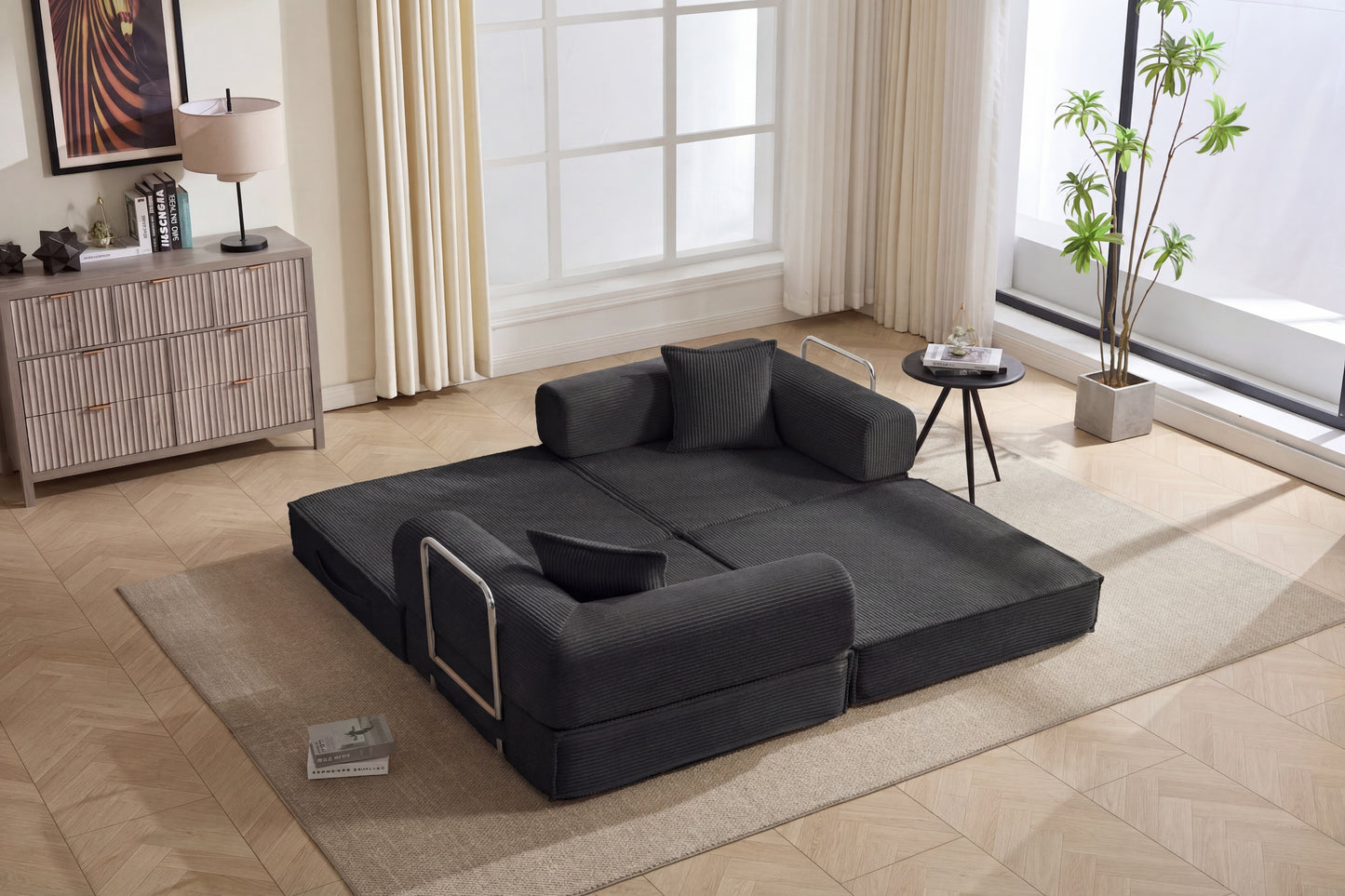 78  Convertible Sofa Bed, Modular Corduroy Couch With 2 Pillows, Space-Saving Compressed Floor Sofa, Ideal For Living Room, Bedroom, Apartment,Black.