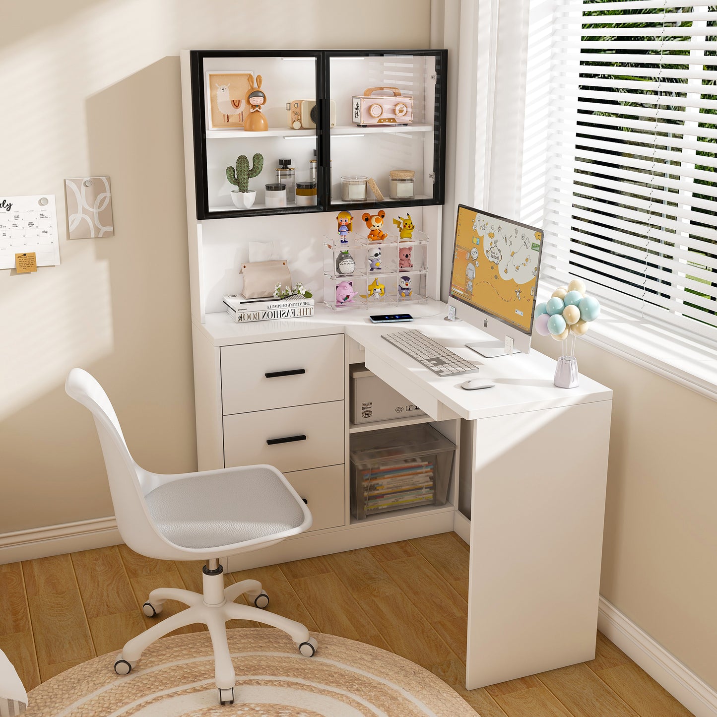 Computer Desk With Glass Cabinets & Built-In LED Lights, Corner L-Shaped Office Desk With USB Charging Ports, Keyboard Tray, Ergonomic Design For Home And Corporate Workspaces White