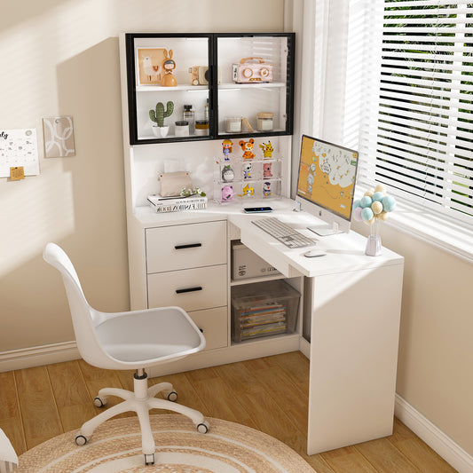 Computer Desk With Glass Cabinets & Built-In LED Lights, Corner L-Shaped Office Desk With USB Charging Ports, Keyboard Tray, Ergonomic Design For Home And Corporate Workspaces White