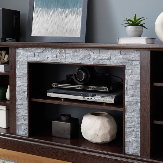 Large Faux Stacked Stone TV Stnad, Desk Storage Rack, Media Console Table With Large Storage Cabinet,Modern TV Media Entertaionment Stand,Cherry, 70.12 Wx15.35 Dx25.83 H