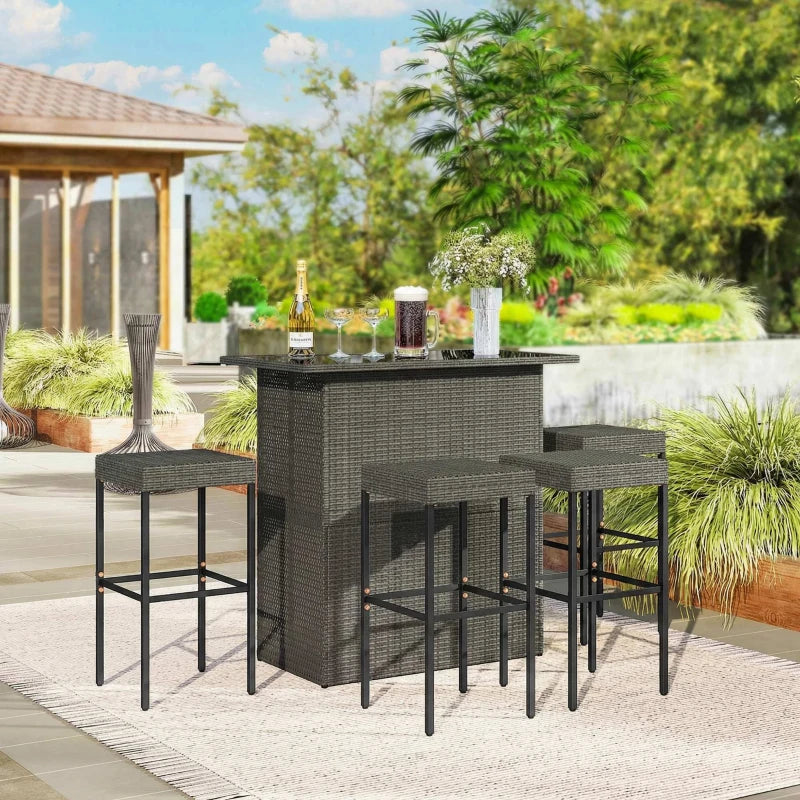 Outsunny 5 Piece Rattan Wicker Bar Set, High Top Outdoor Table And Chairs, Bar Height Patio Set, 2 Shelves & 4 Bar Stools, Gray
