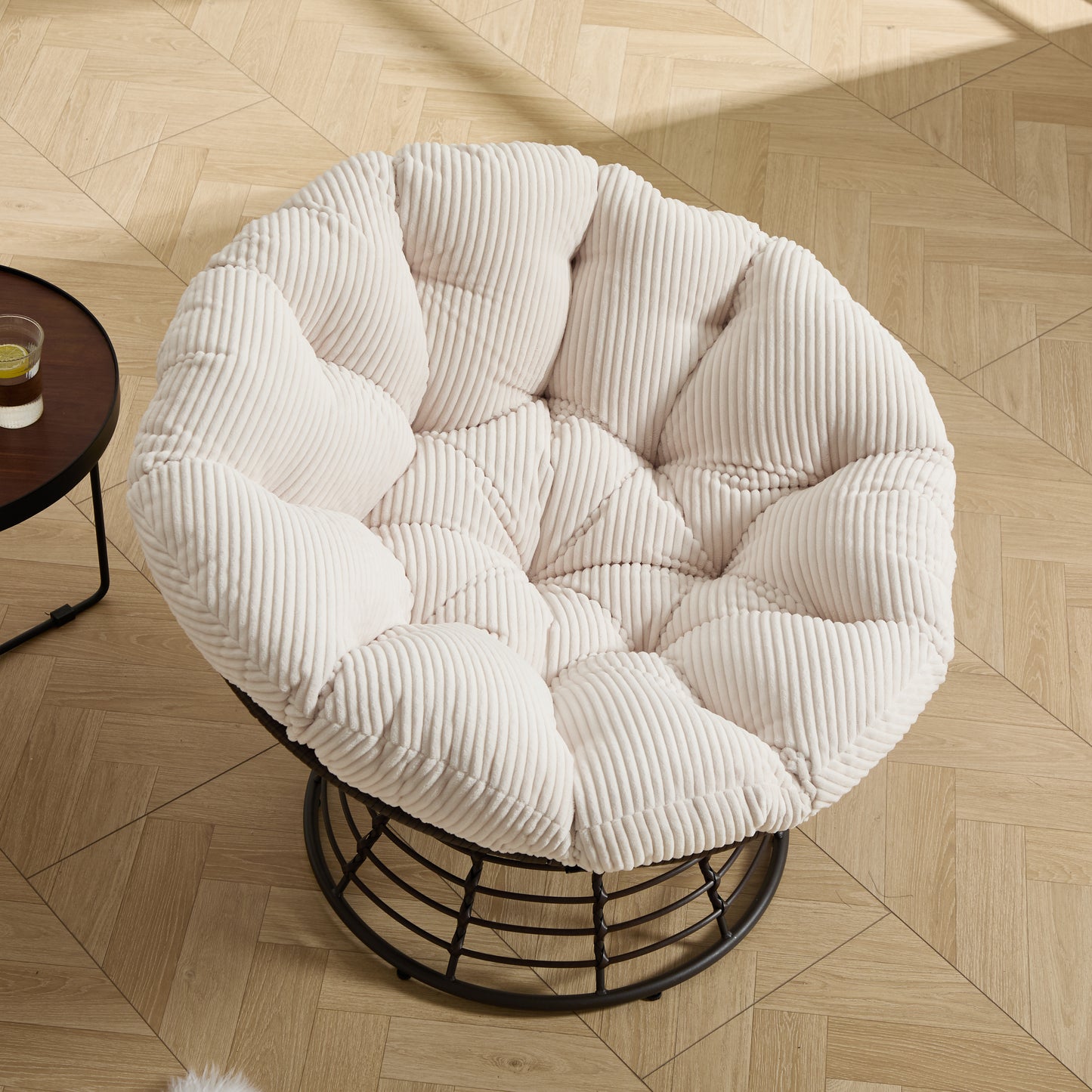 Comfortable Ergonomic Wicker Papasan Chair, 360 Swivel Indoor Outdoor Rattan Chair With Soft Thick Cushion Ideal For Living Room, Bedroom, Reading Room, Brown Frame With White Cushion
