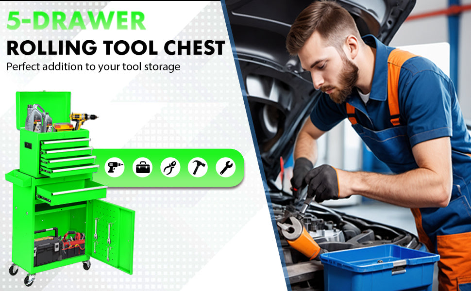 5-Drawer Rolling Tool Chest -2-in-1 Lockable Tool Box With Wheels, Sliding Drawers & Detachable Top- Garage & Workshop Storage Cabinet, Green