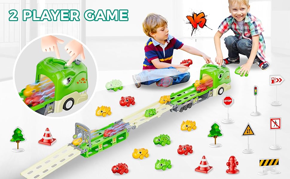 Dinosaur-shaped Children's Storage Catapult Track Toy, Randomly Equipped With Dinosaur Car Road Sign And Roadblock Set.